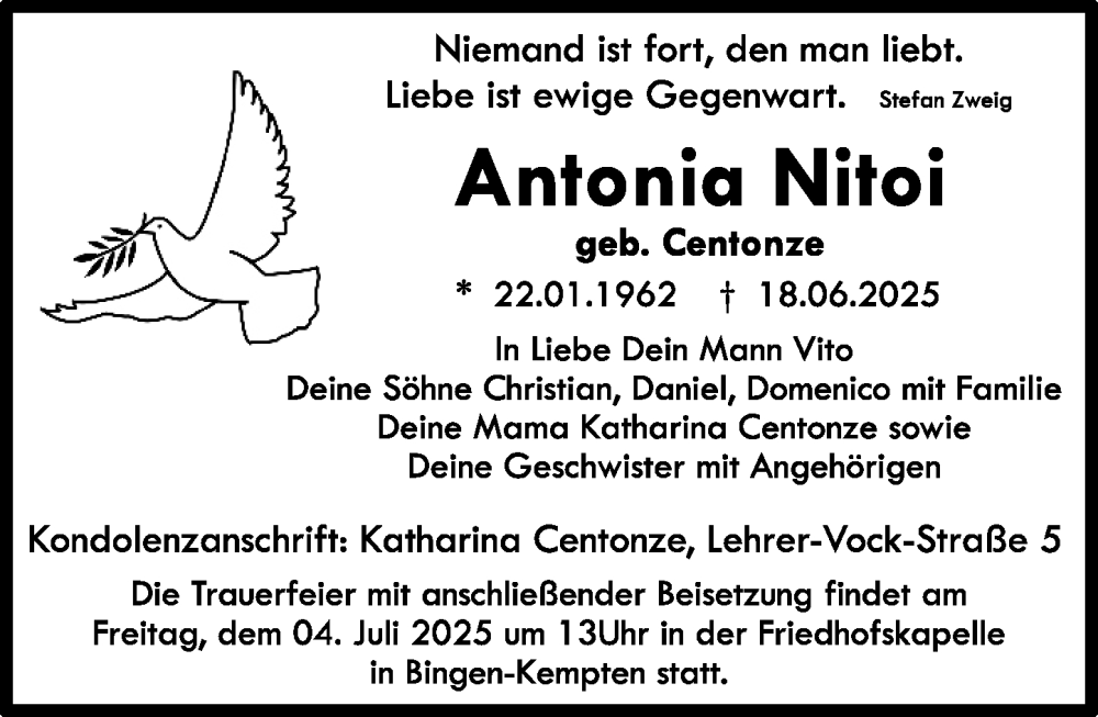  Traueranzeige für Antonia Nitoi vom 28.06.2025 aus Binger-/Ingelheimer Wochenblatt