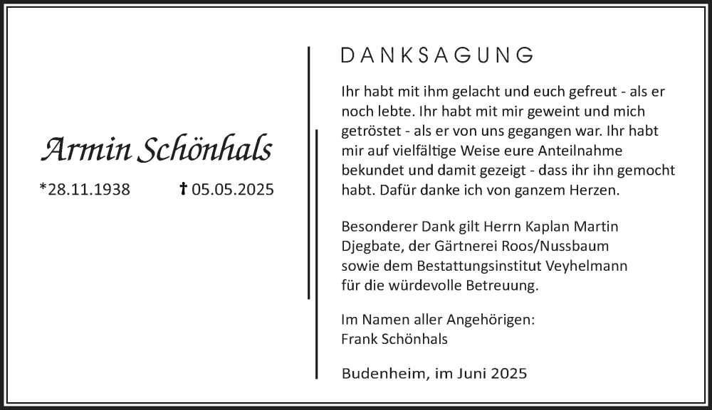 Traueranzeige für Armin Schönhals vom 21.06.2025 aus Allgemeine Zeitung Mainz