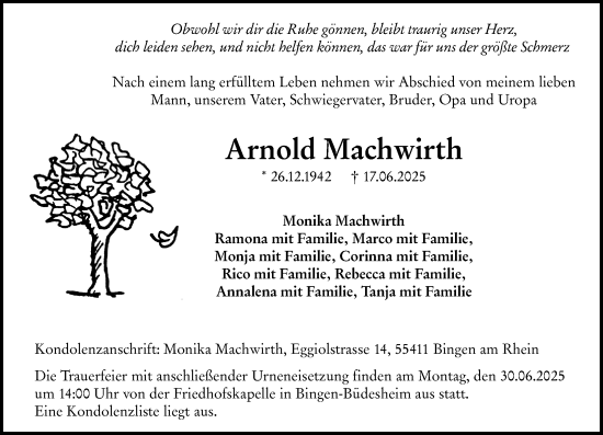 Traueranzeige von Arnold Machwirth von Binger-/Ingelheimer Wochenblatt