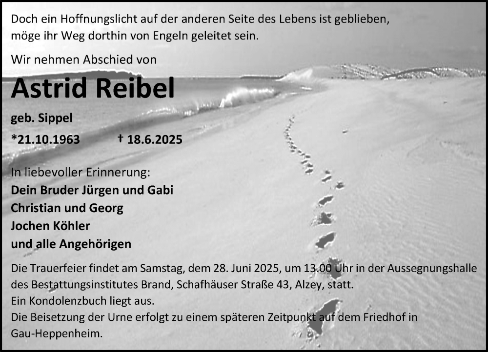  Traueranzeige für Astrid Reibel vom 25.06.2025 aus Allgemeine Zeitung Alzey