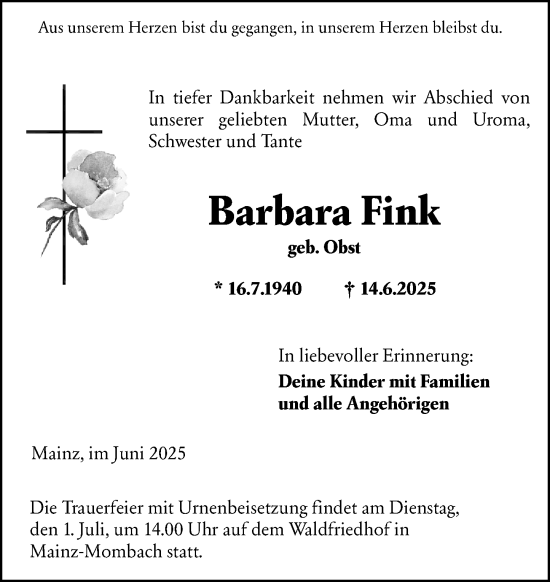 Traueranzeige von Barbara Fink von Allgemeine Zeitung Mainz