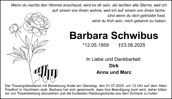 Traueranzeige von Barbara Schwibus von Hochheimer Zeitung