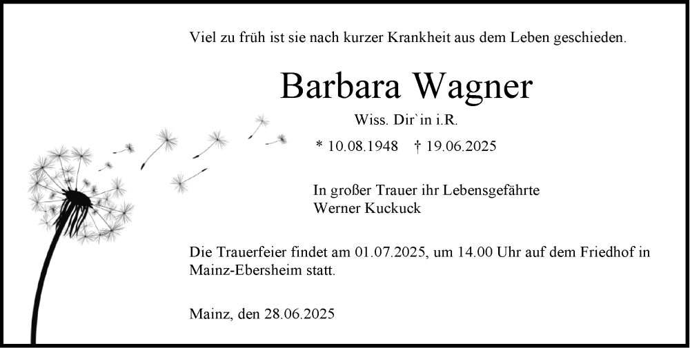  Traueranzeige für Barbara Wagner vom 28.06.2025 aus Wiesbadener Kurier