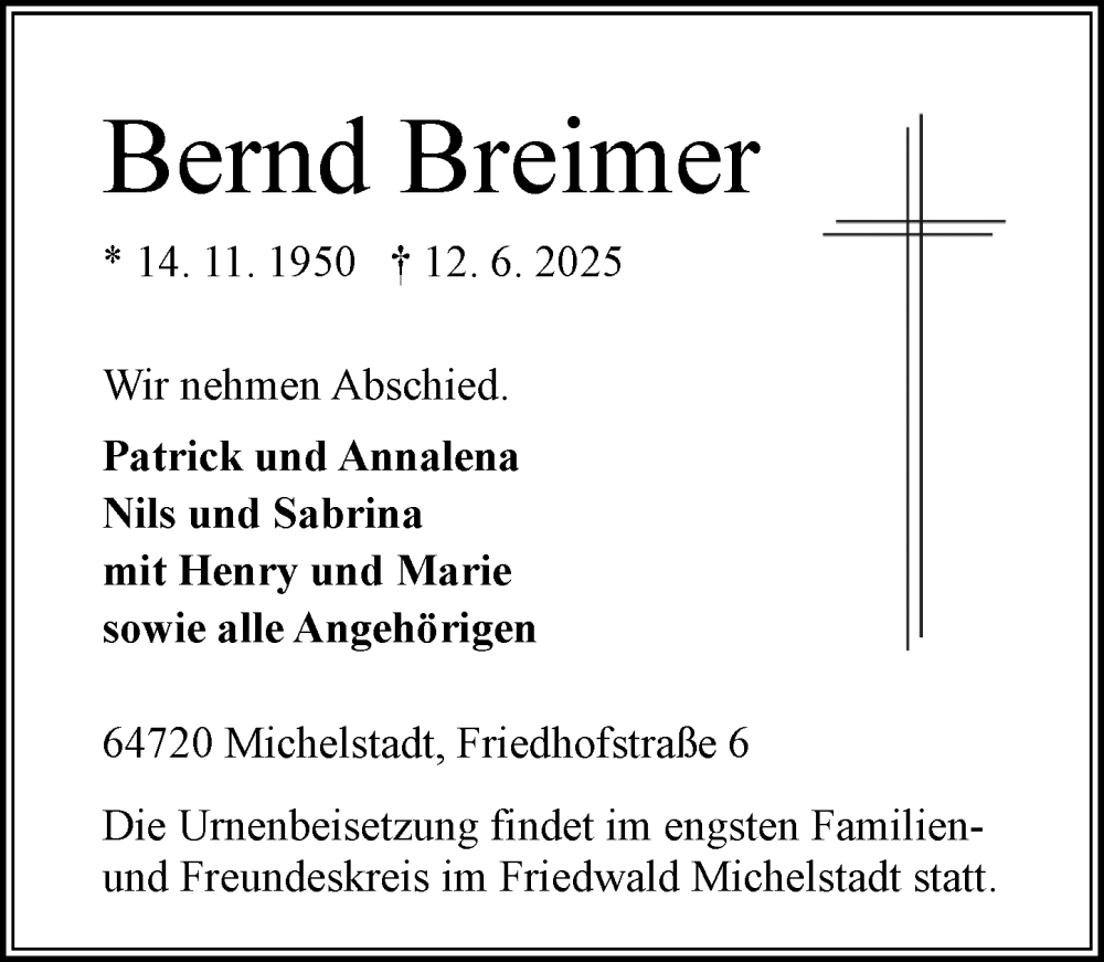  Traueranzeige für Bernd Breimer vom 21.06.2025 aus Odenwälder Echo
