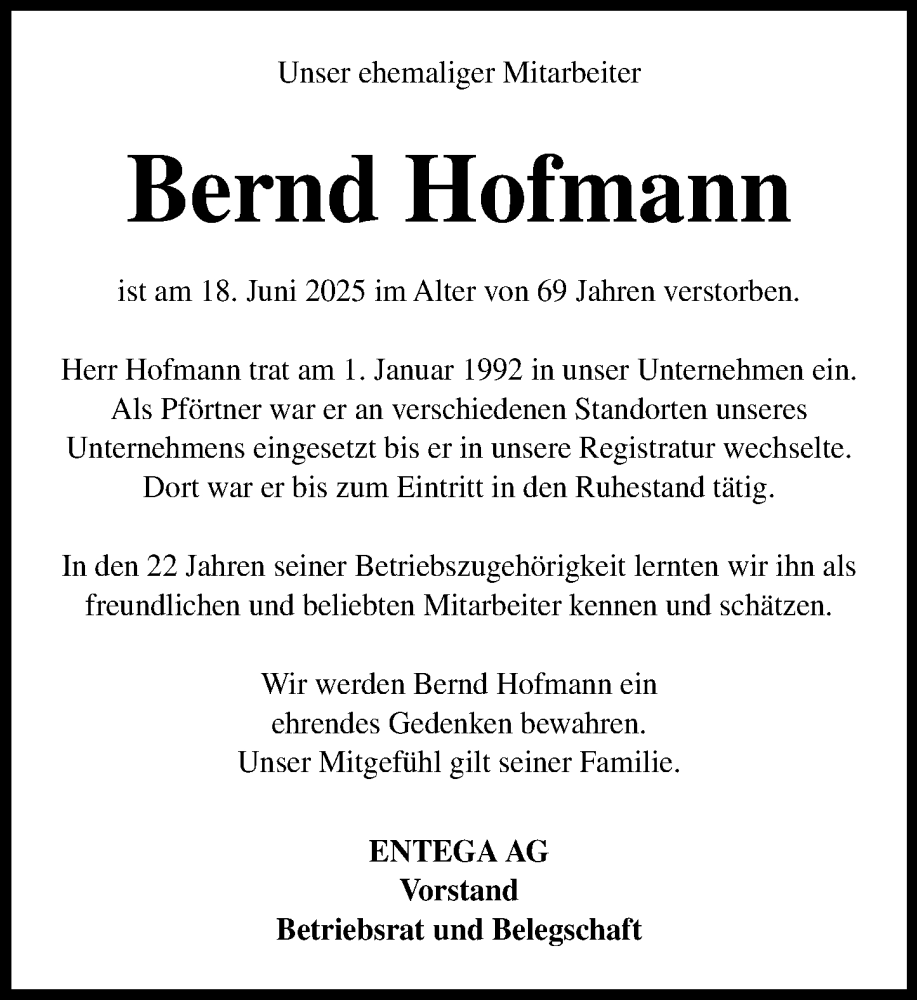  Traueranzeige für Bernd Hofmann vom 28.06.2025 aus Odenwälder Echo