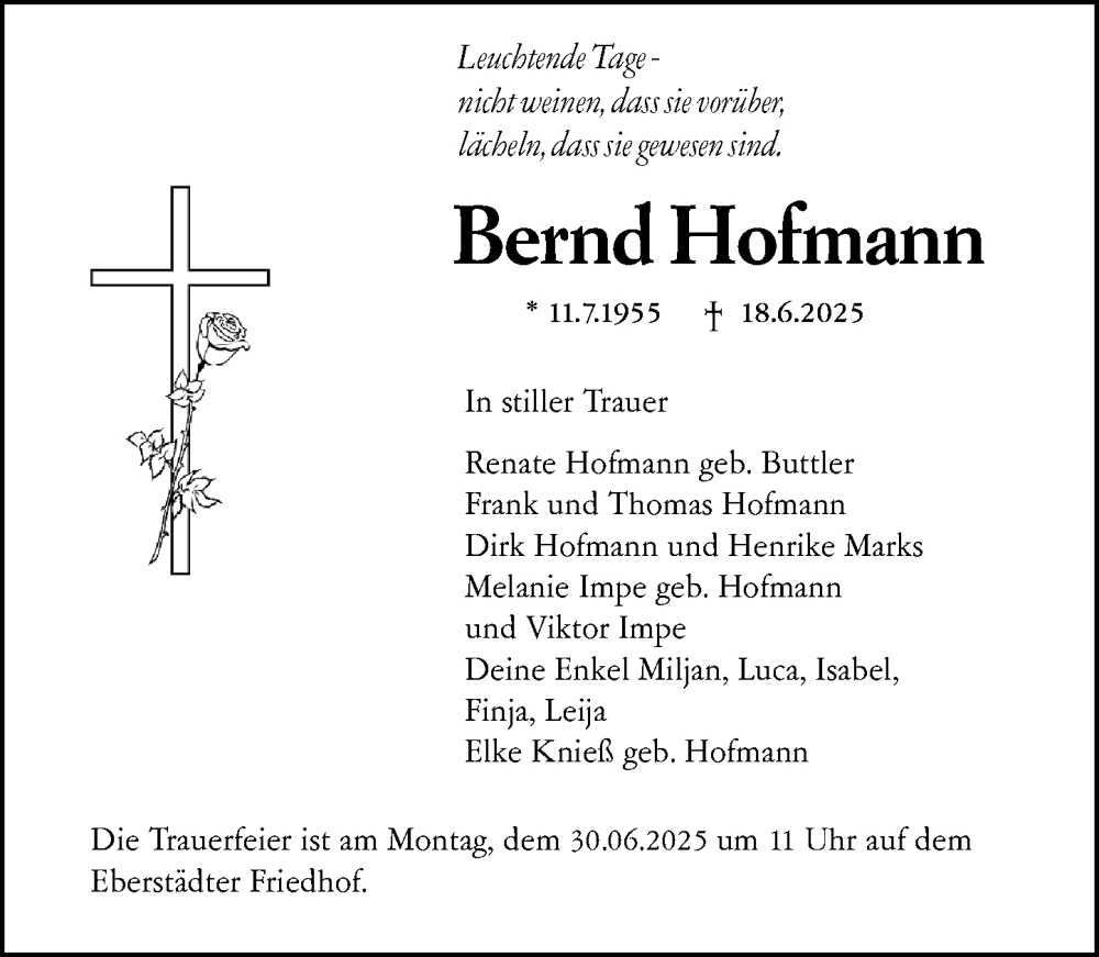  Traueranzeige für Bernd Hofmann vom 28.06.2025 aus Darmstädter Echo