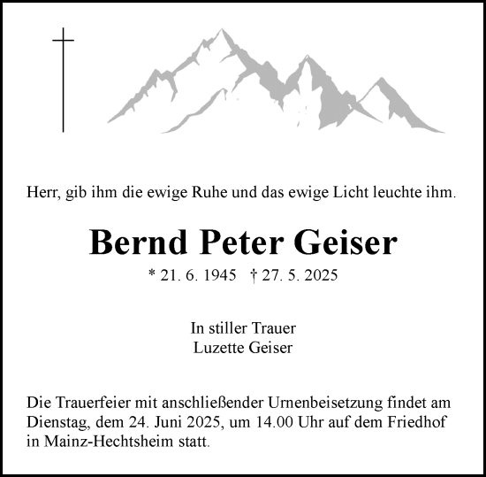 Traueranzeige von Bernd Peter Geiser von Allgemeine Zeitung Mainz