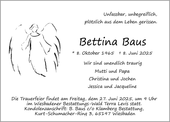 Traueranzeige von Bettina Baus von Wiesbadener Kurier