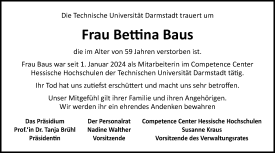 Traueranzeige von Bettina Baus von Darmstädter Echo