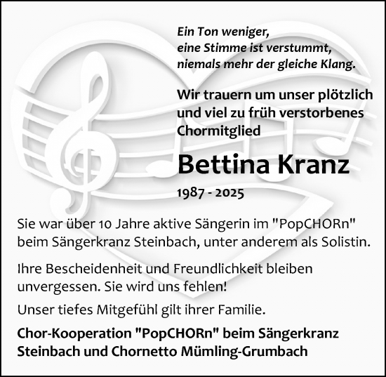 Traueranzeige von Bettina Kranz von Odenwälder Echo