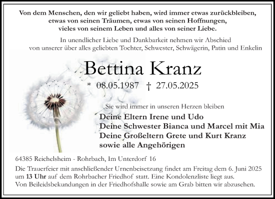 Traueranzeige von Bettina Kranz von Odenwälder Echo