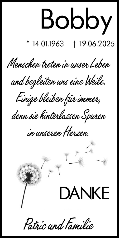 Traueranzeige von Bobby  von Wiesbadener Kurier