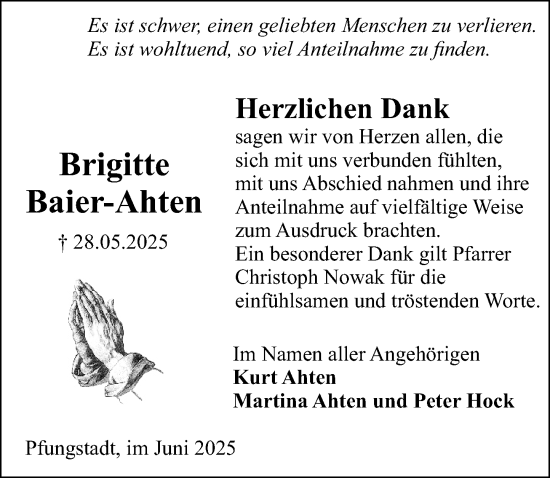 Traueranzeige von Brigitte Baier-Athen von Darmstädter Echo