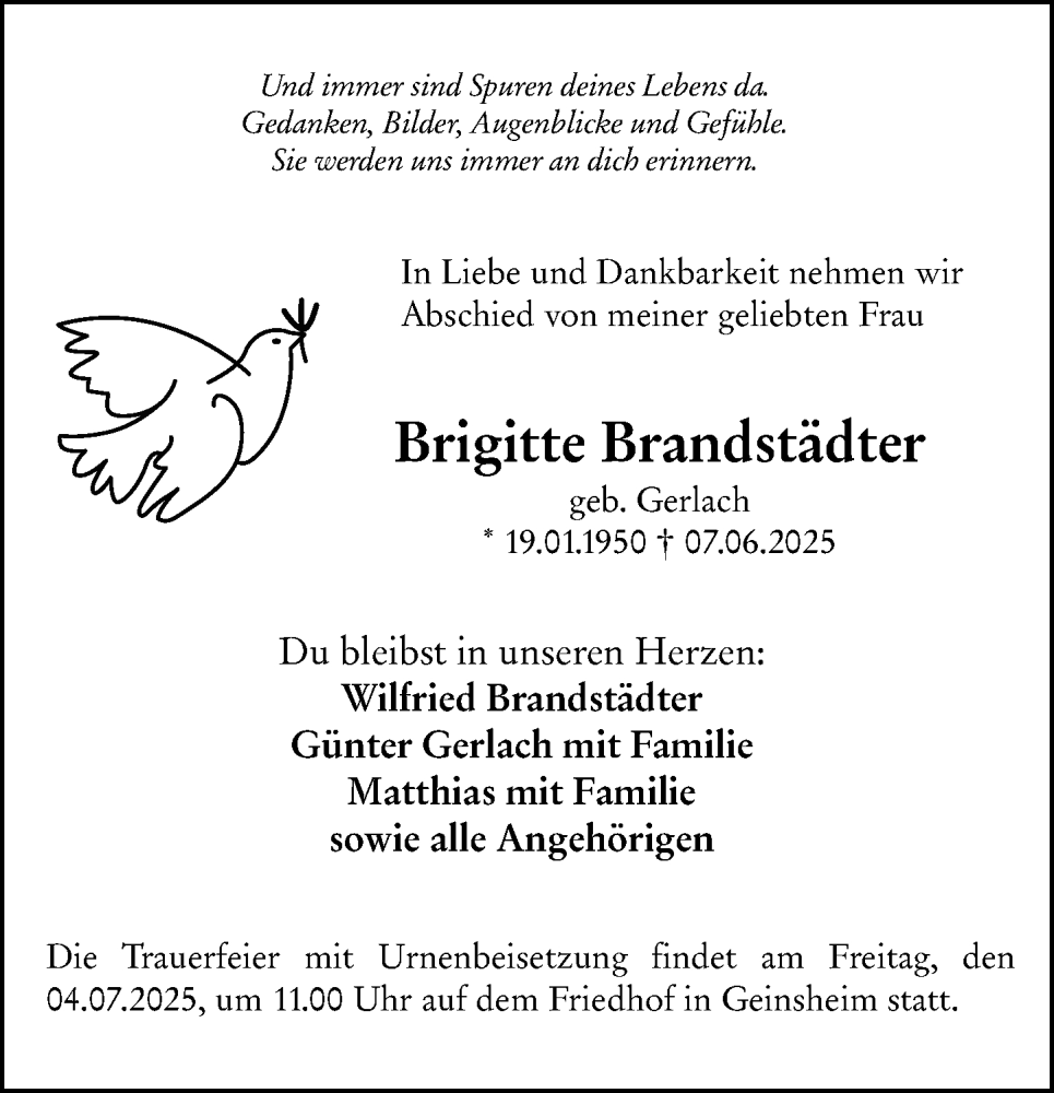  Traueranzeige für Brigitte Brandstädter vom 28.06.2025 aus Rüsselsheimer Echo