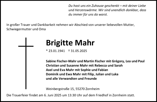 Traueranzeige von Brigitte Mahr von Allgemeine Zeitung Mainz