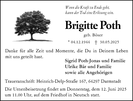 Traueranzeige von Brigitte Poth von Darmstädter Echo