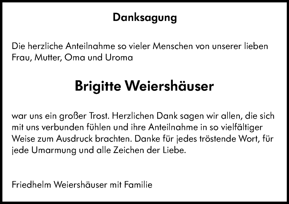  Traueranzeige für Brigitte Weiershäuser vom 14.06.2025 aus Hinterländer Anzeiger