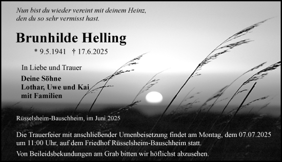 Traueranzeige von Brunhilde Helling von Rüsselsheimer Echo