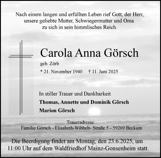 Traueranzeige von Carola Anna Görsch von Wormser Zeitung