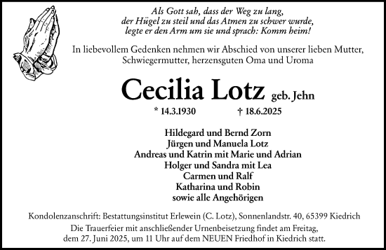 Traueranzeige von Cecilia Lotz von Rheingau Kurier