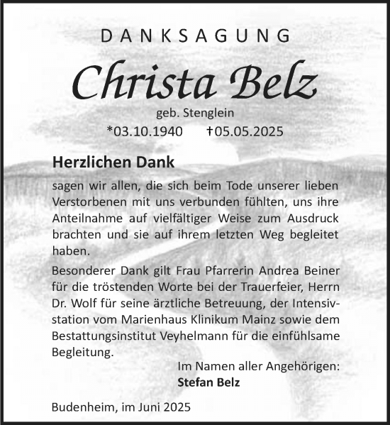 Traueranzeige von Christa Belz von Allgemeine Zeitung Mainz