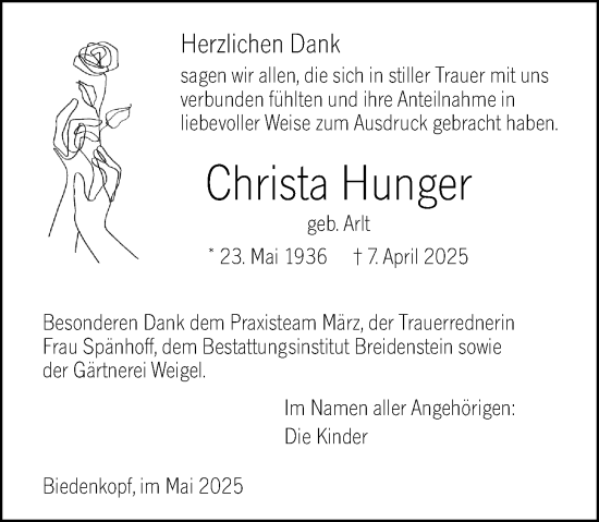 Traueranzeige von Christa Hunger von Hinterländer Anzeiger