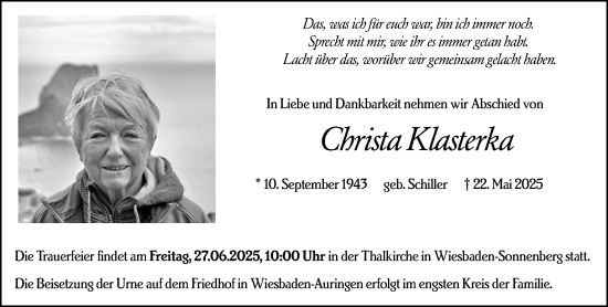 Traueranzeige von Christa Klasterka von Wiesbadener Kurier