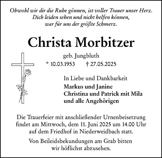 Traueranzeige von Christa Morbitzer von Dill Block