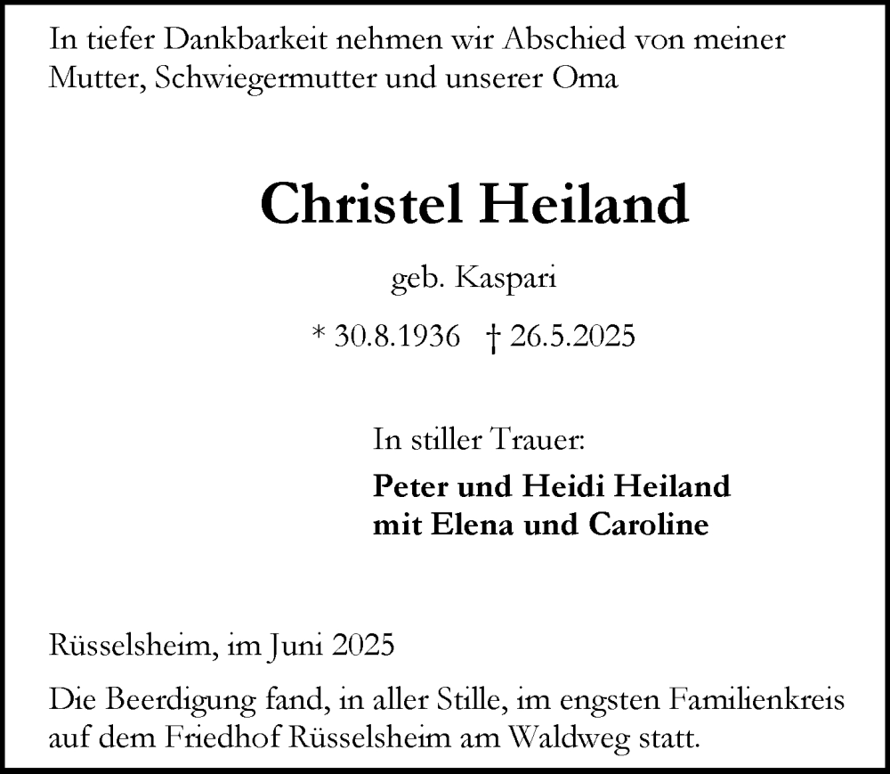  Traueranzeige für Christel Heiland vom 07.06.2025 aus Rüsselsheimer Echo