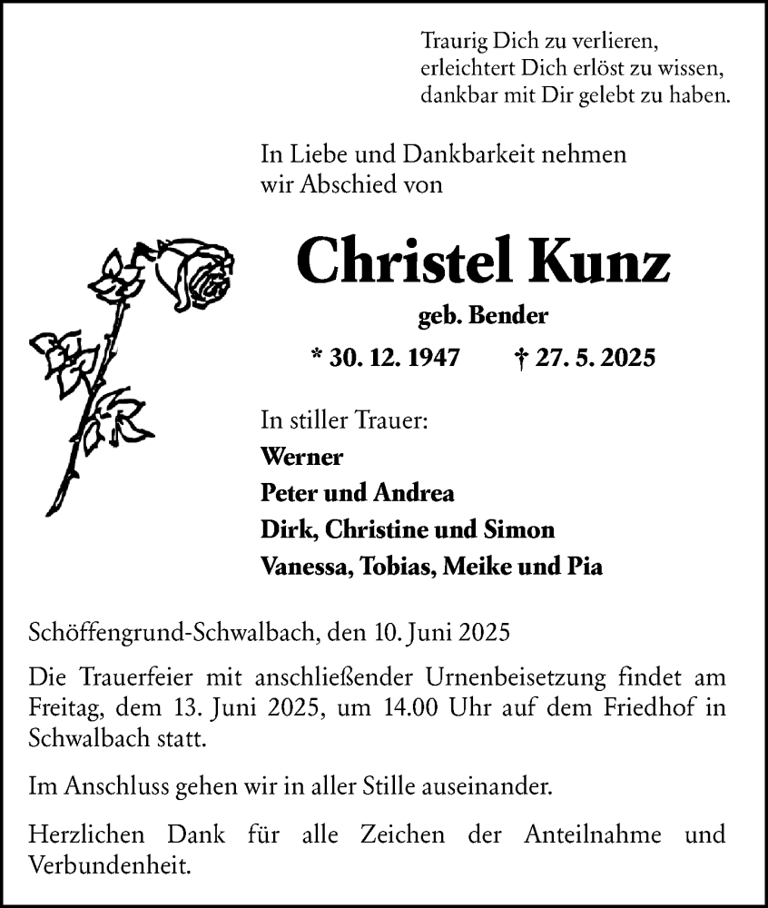  Traueranzeige für Christel Kunz vom 10.06.2025 aus Wetzlarer Neue Zeitung