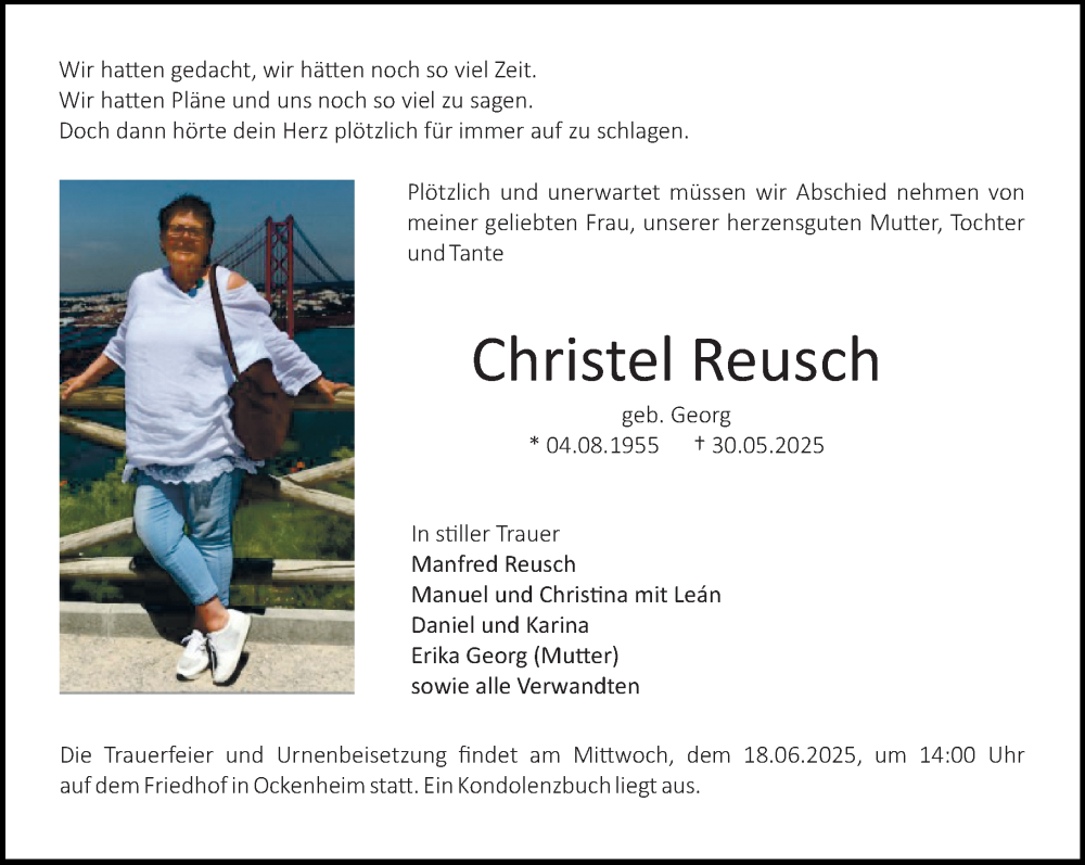  Traueranzeige für Christel Reusch vom 14.06.2025 aus Allgemeine Zeitung Mainz