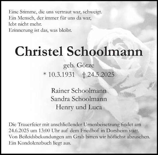 Traueranzeige von Christel Schoolmann von Binger-/Ingelheimer Wochenblatt
