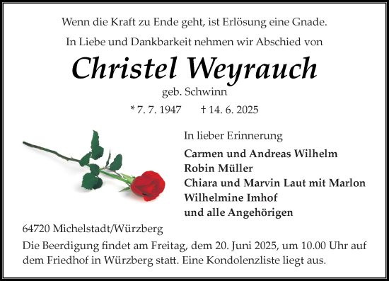 Traueranzeige von Christel Weyrauch von Odenwälder Echo