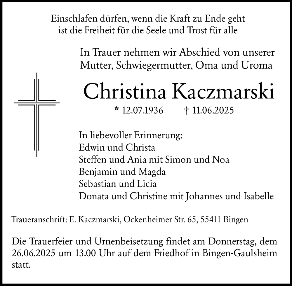  Traueranzeige für Christina Kaczmarski vom 21.06.2025 aus Allgemeine Zeitung Rheinhessen-Nahe