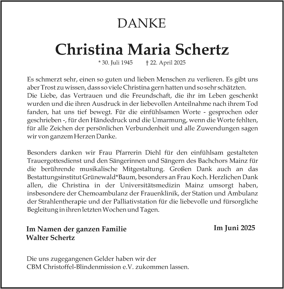 Traueranzeige für Christina Maria Schertz vom 21.06.2025 aus Allgemeine Zeitung Mainz