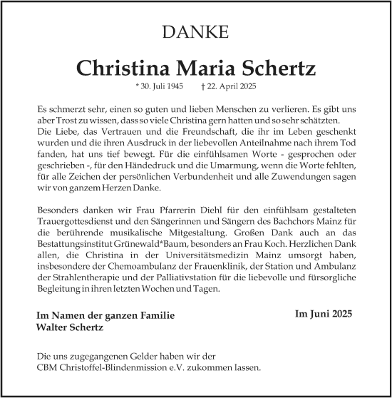 Traueranzeige von Christina Maria Schertz von Allgemeine Zeitung Mainz