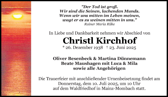 Traueranzeige von Christl Kirchhof von Allgemeine Zeitung Mainz
