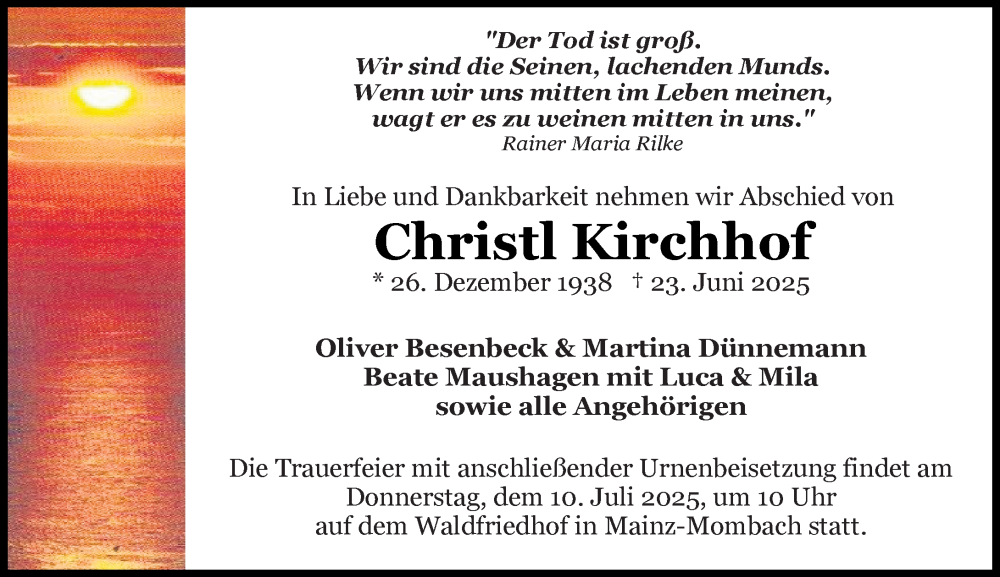  Traueranzeige für Christl Kirchhof vom 28.06.2025 aus Allgemeine Zeitung Mainz