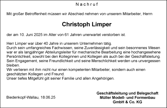 Traueranzeige von Christoph Limper von Hinterländer Anzeiger