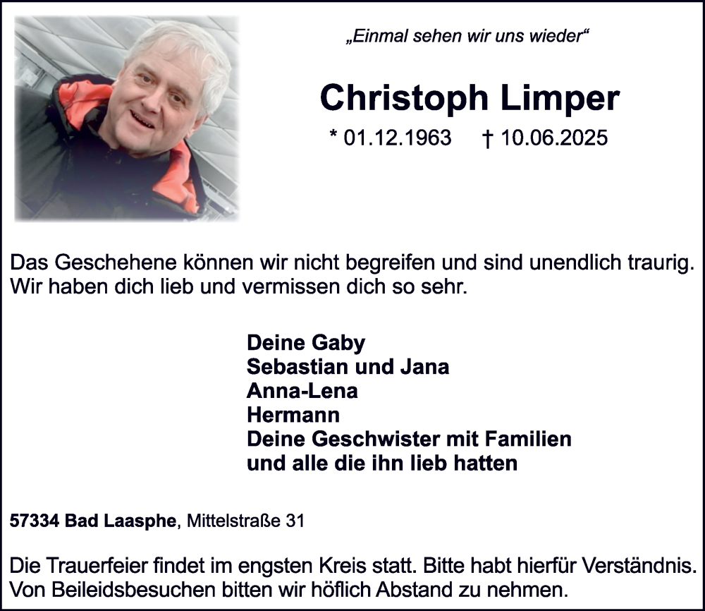  Traueranzeige für Christoph Limper vom 14.06.2025 aus Hinterländer Anzeiger