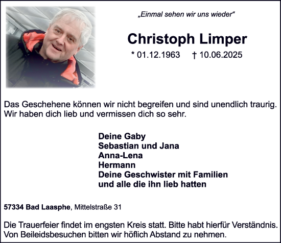 Traueranzeige von Christoph Limper von Hinterländer Anzeiger
