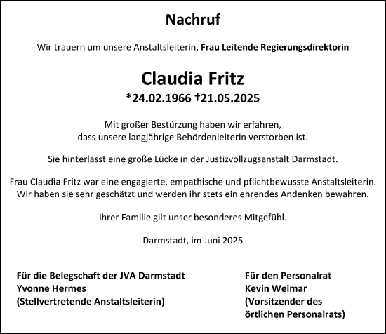 Traueranzeige von Claudia Fritz von Darmstädter Echo