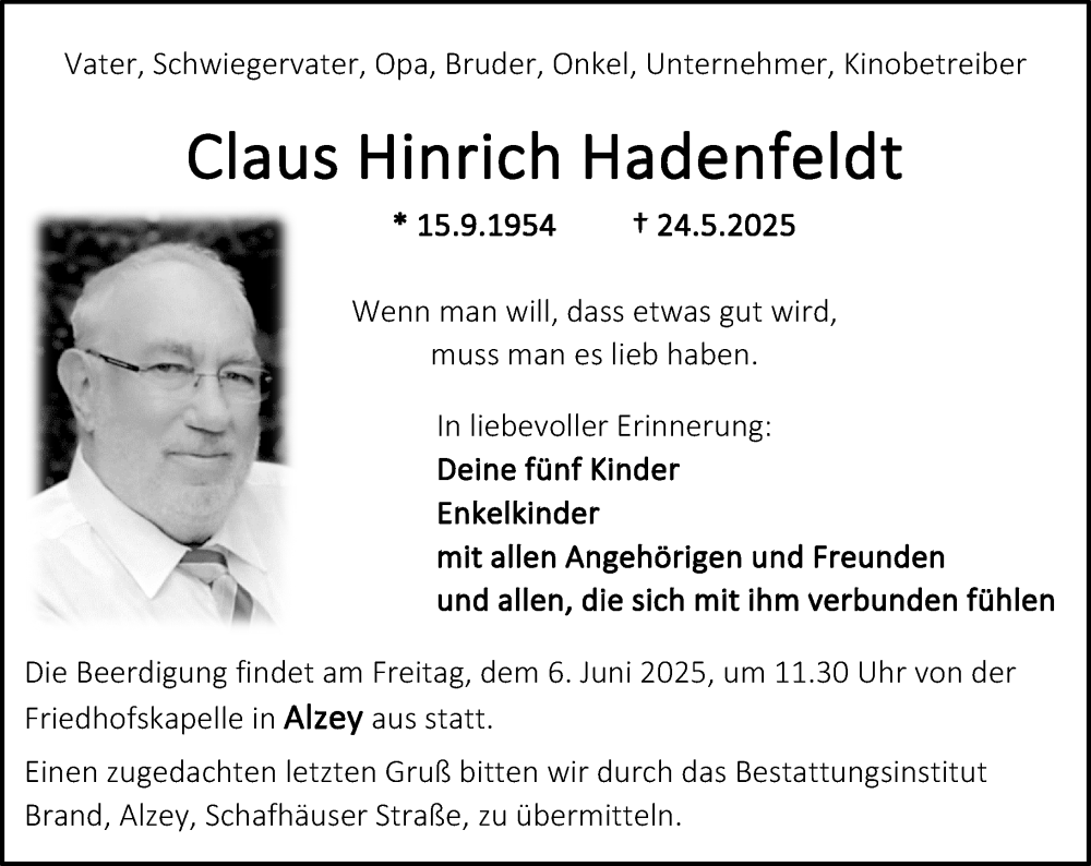  Traueranzeige für Claus Hinrich Hadenfeldt vom 05.06.2025 aus Allgemeine Zeitung Alzey