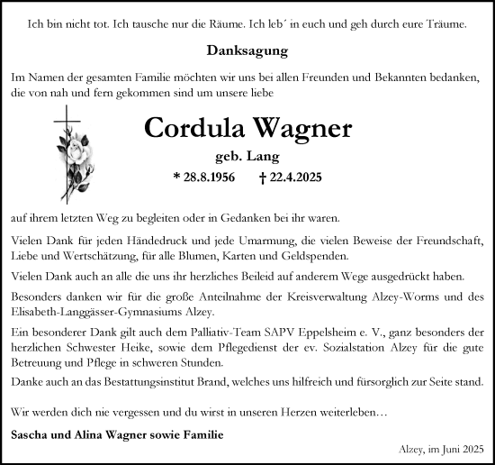 Traueranzeige von Cordula Wagner von Allgemeine Zeitung Alzey