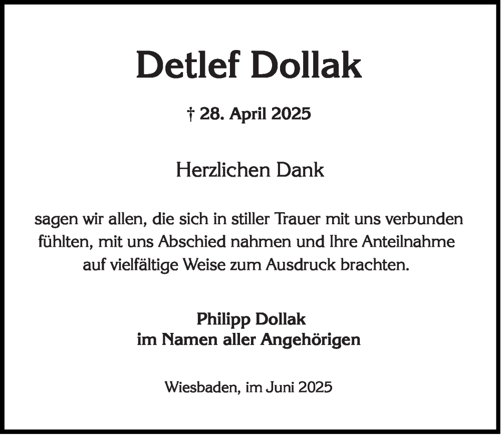  Traueranzeige für Detlef Dollak vom 07.06.2025 aus Wiesbadener Kurier