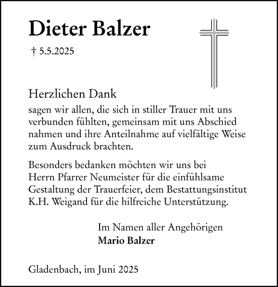 Traueranzeige von Dieter Balzer von Hinterländer Anzeiger