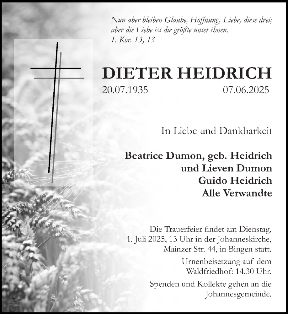  Traueranzeige für Dieter Heidrich vom 21.06.2025 aus Allgemeine Zeitung Rheinhessen-Nahe