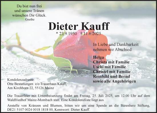 Traueranzeige von Dieter Kauff von Allgemeine Zeitung Mainz