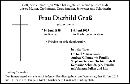 Traueranzeige von Diethild Graf von Allgemeine Zeitung Mainz