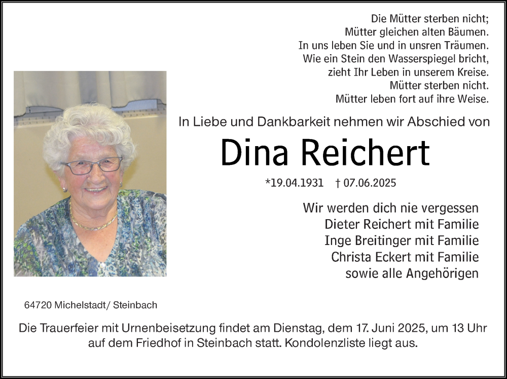  Traueranzeige für Dina Reichert vom 14.06.2025 aus Odenwälder Echo